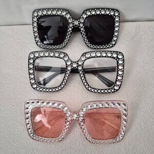 Large Square Bling Rhinestone Glasses Sunglasses Pink Black Clear Set of 3